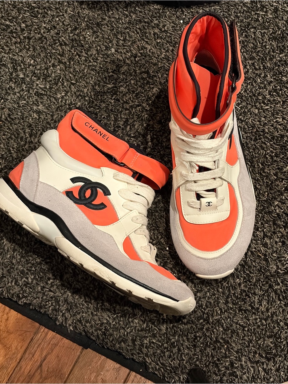 Orange and White High-Top Sneakers with Black Logo